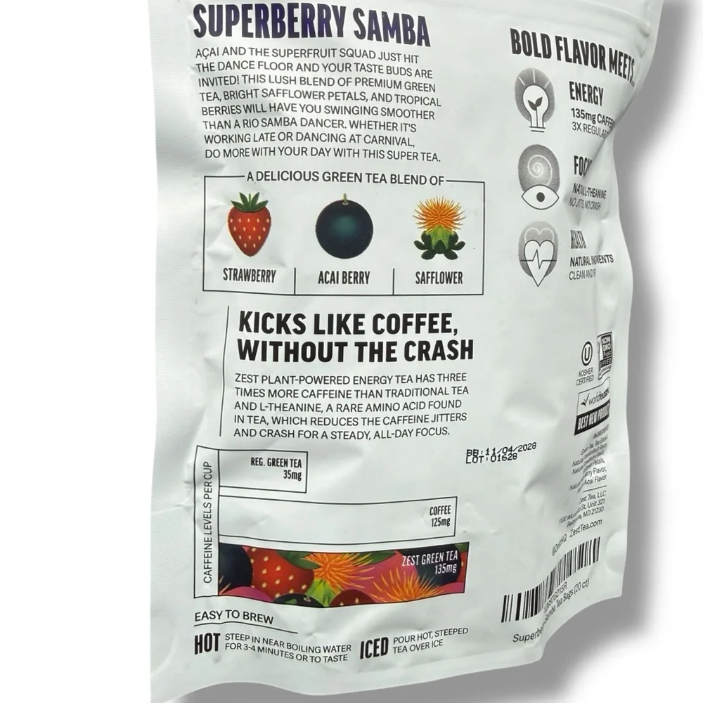 Zest Energy Superberry Samba Green Tea 20‎ Bags 135mg Caffeine Keto Friendly